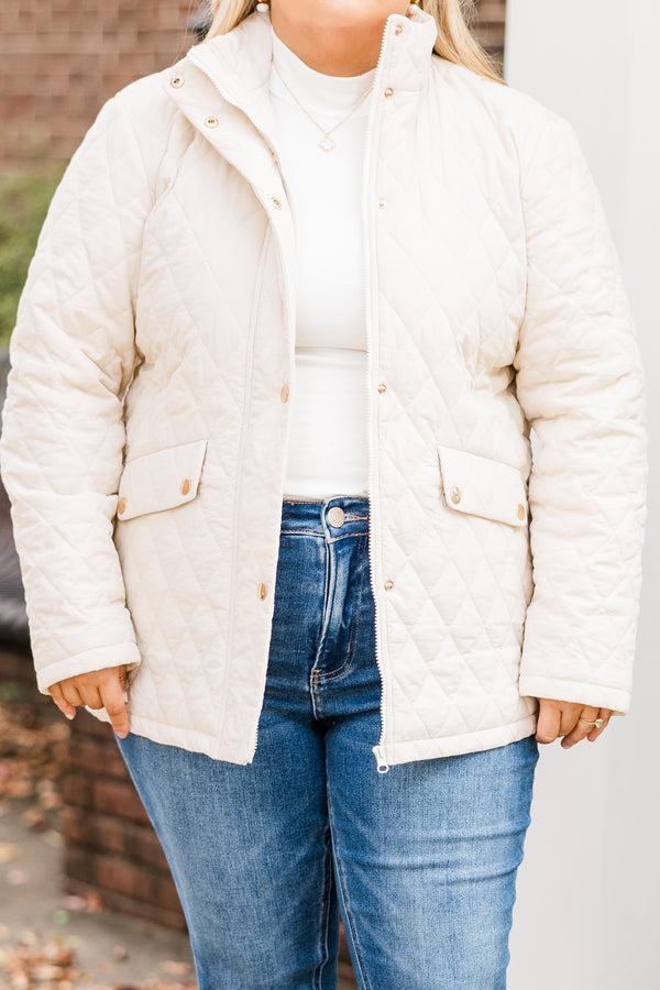 Chic Soul plus size clothing, cream quilted pattern puffer jacket with gold hardware details