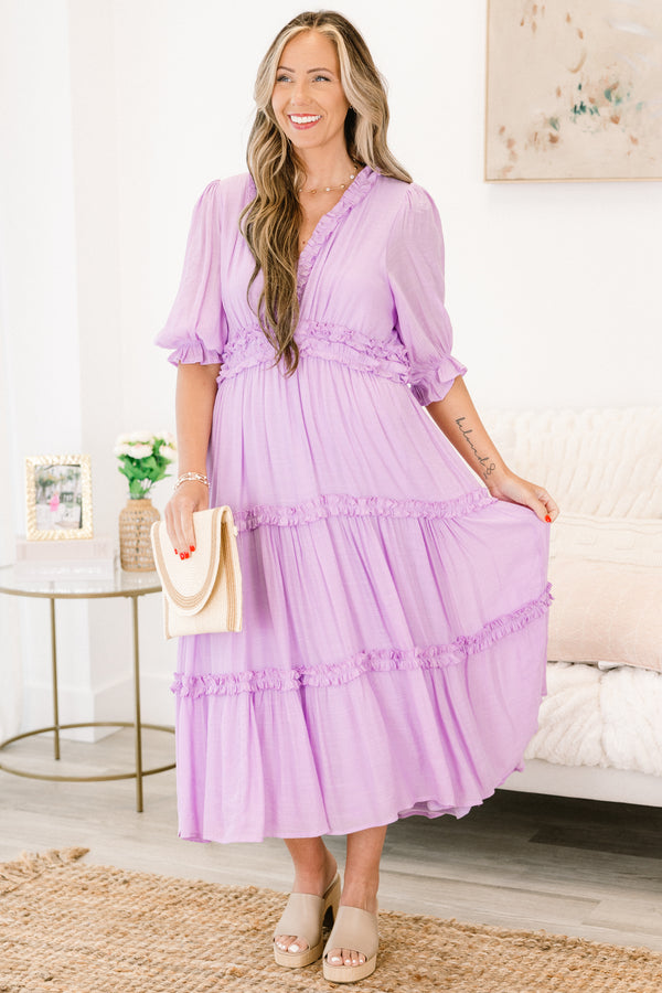 Chic Soul plus size clothing, lilac tiered midi dress with  short sleeves and ruffle details on each tier and the v-neckline 