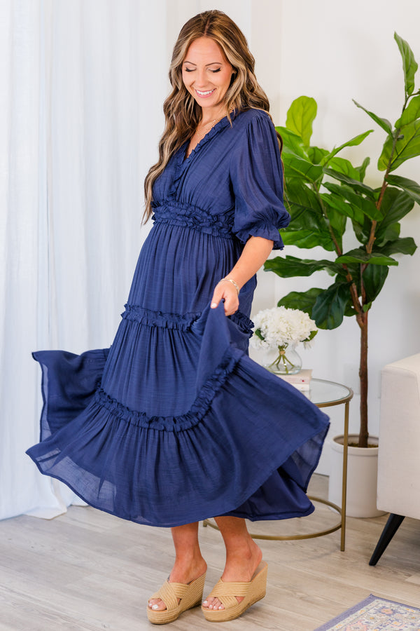 Chic Soul plus size clothing, navy short sleeve maxi dress with synched waist and ruffle detailing with v neckline
