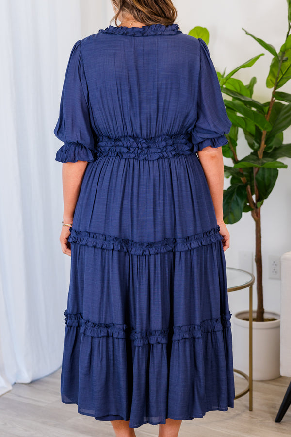 Chic Soul plus size clothing, navy short sleeve maxi dress with synched waist and ruffle detailing with v neckline