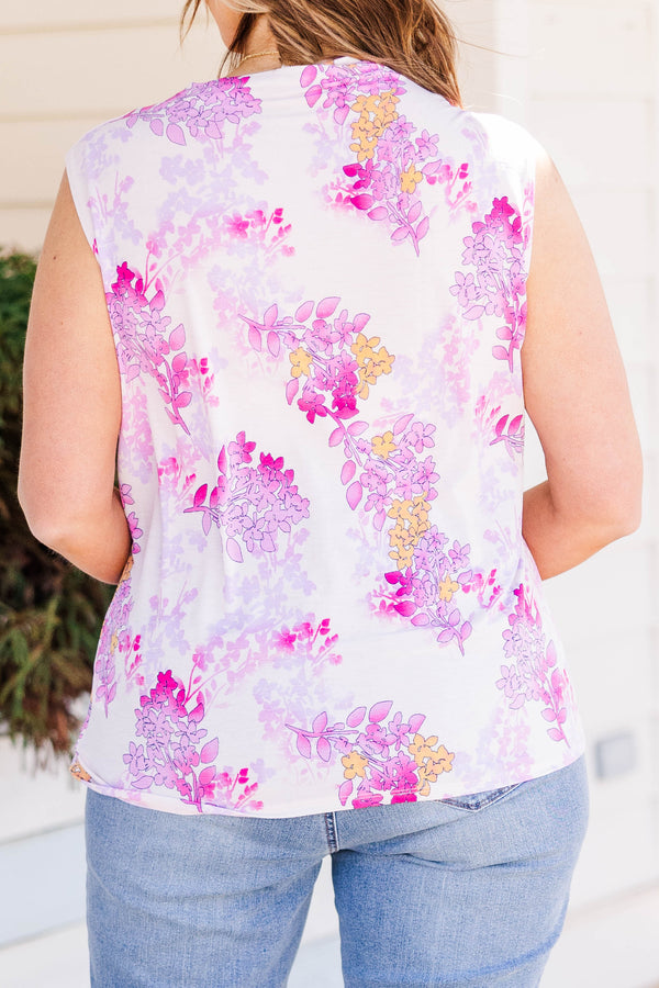 Plus Size sleeveless violet and fuchsia floral tank top with a front tie knot and V-neckline.