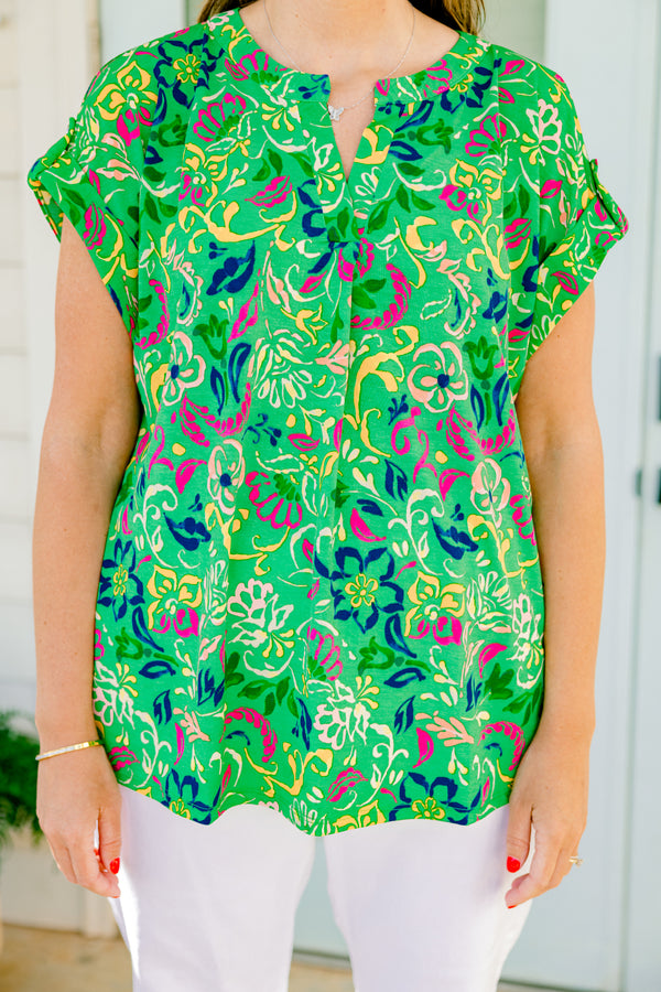 Chic Soul plus size clothing, shamrock green short sleeve casual top with hot pink and navy blue paisley floral pattern and slight v-neck