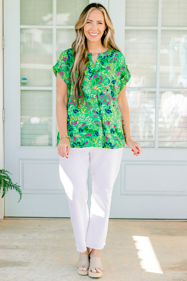 Chic Soul plus size clothing, shamrock green short sleeve casual top with hot pink and navy blue paisley floral pattern and slight v-neck