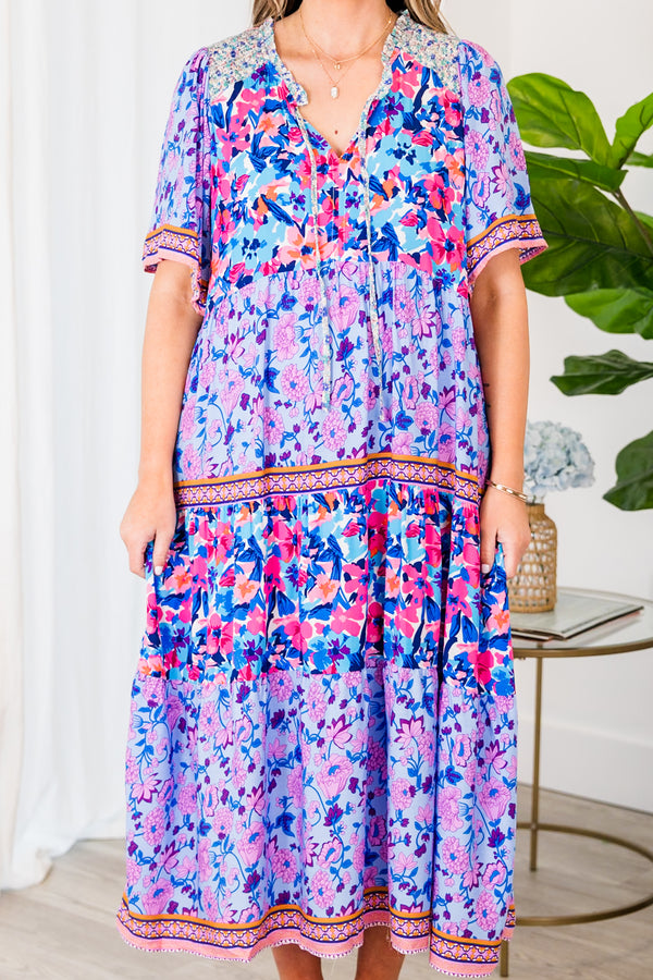 Chic Soul plus size clothing, periwinkle short sleeve dress with abstract and floral pattern