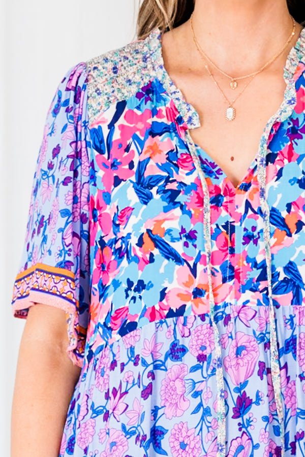 Chic Soul plus size clothing, periwinkle short sleeve dress with abstract and floral pattern