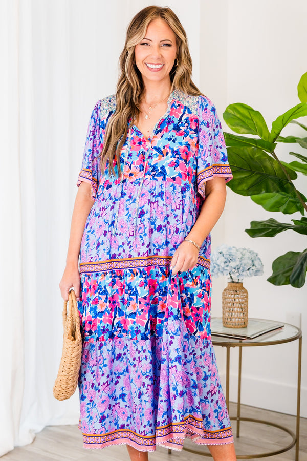 Chic Soul plus size clothing, periwinkle short sleeve dress with abstract and floral pattern