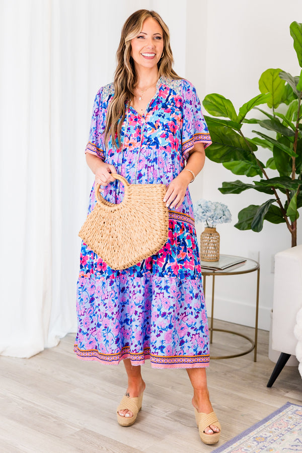 Chic Soul plus size clothing, periwinkle short sleeve dress with abstract and floral pattern