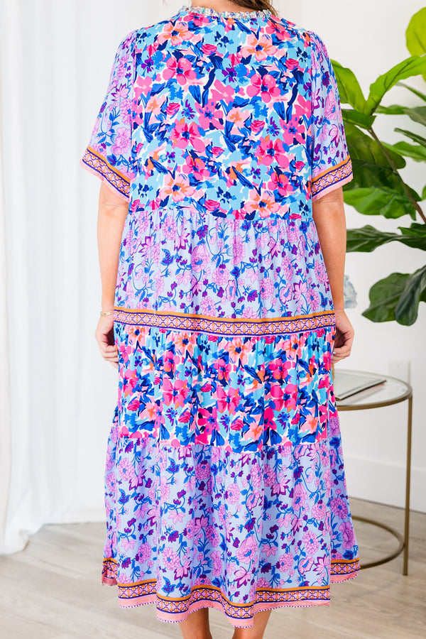 Chic Soul plus size clothing, periwinkle short sleeve dress with abstract and floral pattern