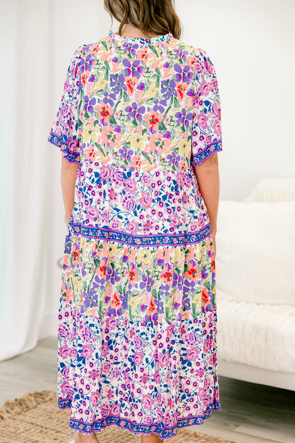 Chic Soul plus size clothing, violet short sleeve multicolor floral midi dress with v neckline with tie detail 