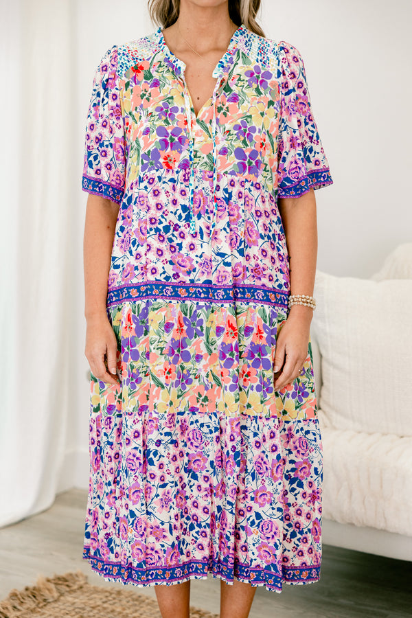 Chic Soul plus size clothing, violet short sleeve multicolor floral midi dress with v neckline with tie detail 