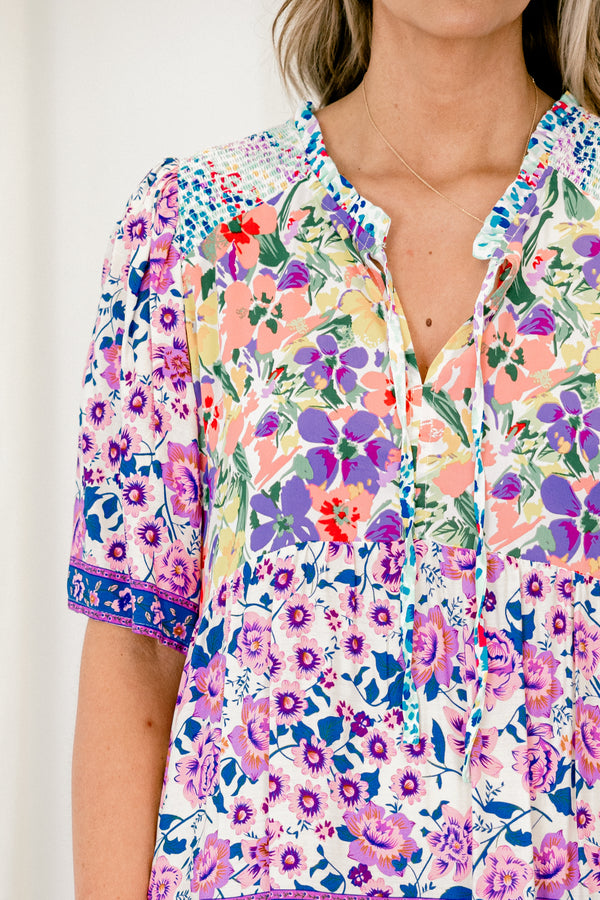 Chic Soul plus size clothing, violet short sleeve multicolor floral midi dress with v neckline with tie detail 