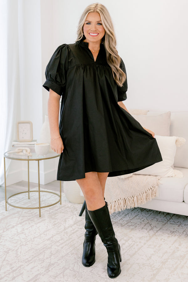 Chic Soul plus size clothing, black dress, short sleeve, midi length, v-neck collar