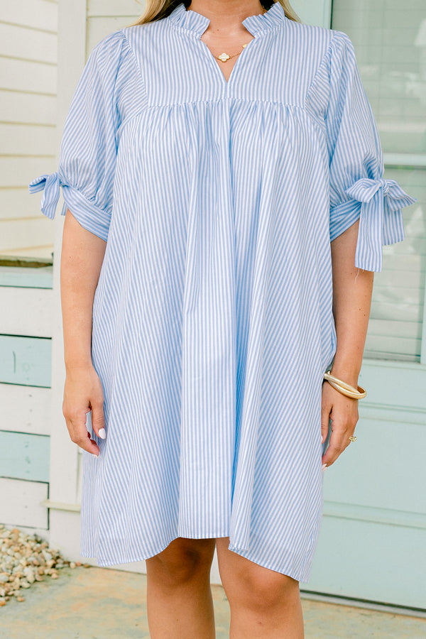 Chic Soul plus size clothing, blue striped baby doll dress with a v-neckline