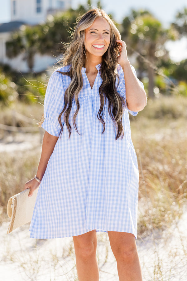Chic Soul plus size clothing, short-puffed-sleeve blue and white gingham patterned short dress with a split-v-neckline 