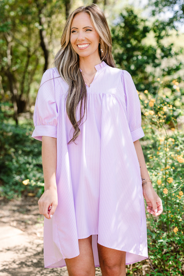 Chic Soul plus size clothing, short-puffed-sleeve lilac purple flowy baby doll dress with a high-low hemline and a split-v-neckline 