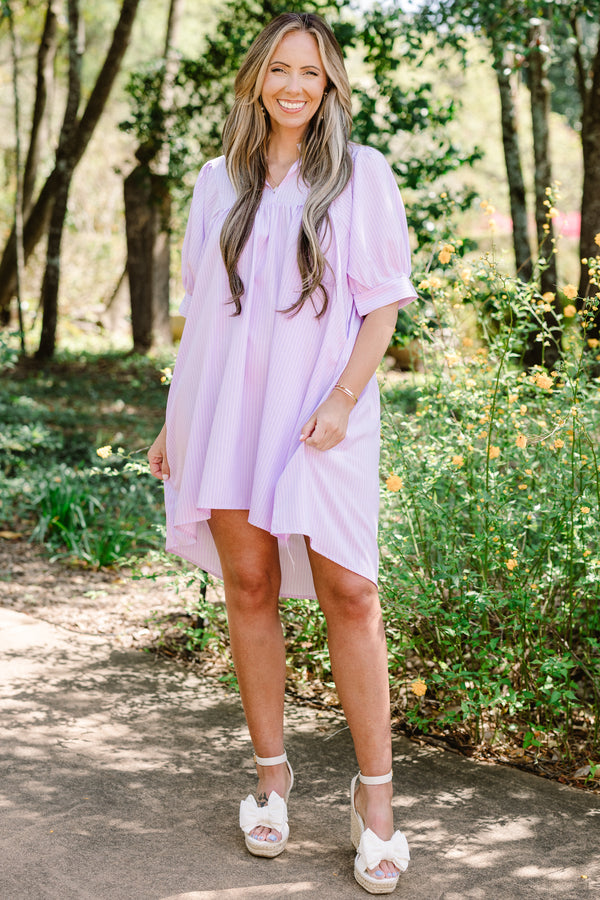 Chic Soul plus size clothing, short-puffed-sleeve lilac purple flowy baby doll dress with a high-low hemline and a split-v-neckline 