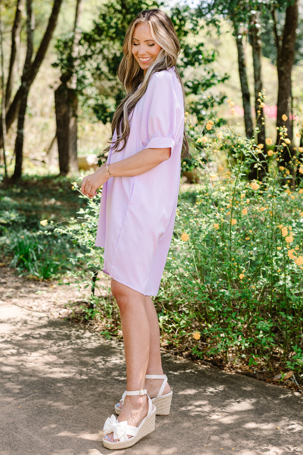 Chic Soul plus size clothing, short-puffed-sleeve lilac purple flowy baby doll dress with a high-low hemline and a split-v-neckline 