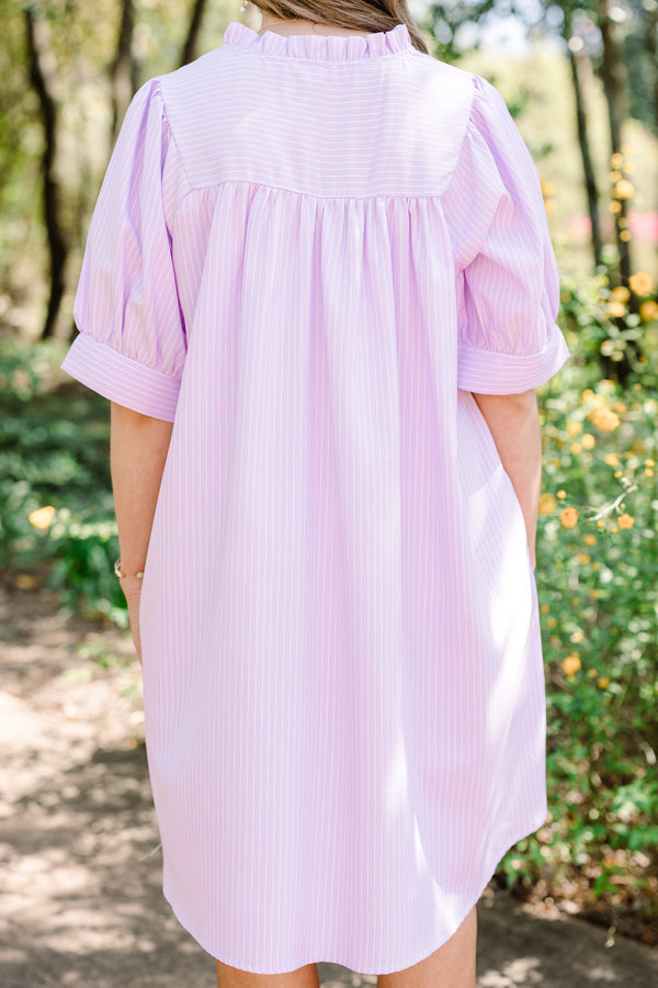 Chic Soul plus size clothing, short-puffed-sleeve lilac purple flowy baby doll dress with a high-low hemline and a split-v-neckline 