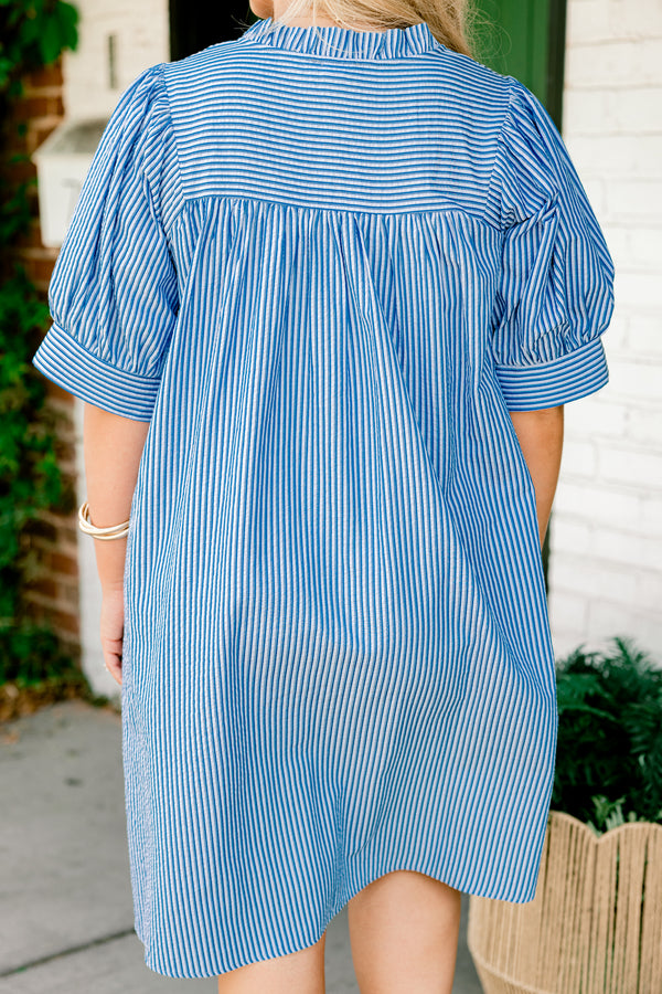 Chic Soul plus size clothing, navy blue and white striped short-balloon-cuff sleeve ruffle-slit neckline casual dress with pockets
