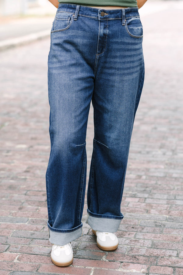 Plus Size dark wash barrel jeans with a relaxed fit 