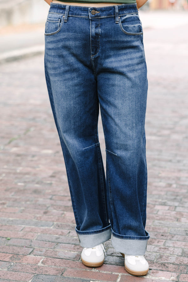 Plus Size dark wash barrel jeans with a relaxed fit 