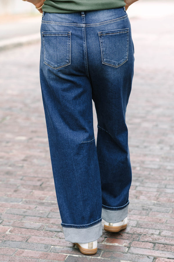 Plus Size dark wash barrel jeans with a relaxed fit 