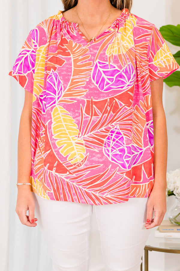 Chic Soul plus size clothing, short sleeve fuchsia top with orange and yellow tropical pattern details and small v-neckline