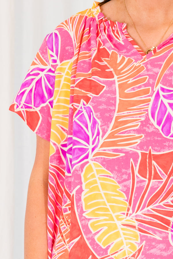 Chic Soul plus size clothing, short sleeve fuchsia top with orange and yellow tropical pattern details and small v-neckline