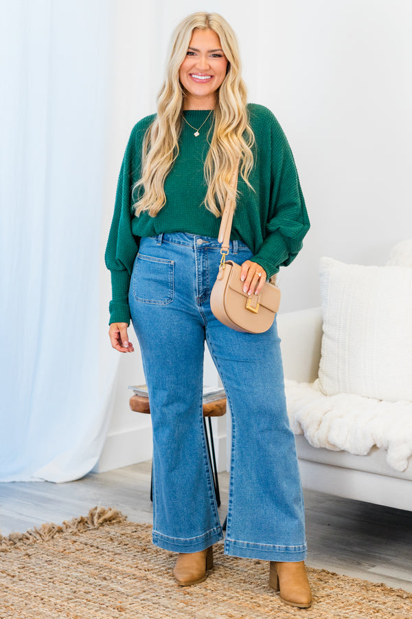 Chic Soul plus size clothing, long-sleeve green waffle-knit sweater with mock-neckline and balloon sleeves and tight wristline 