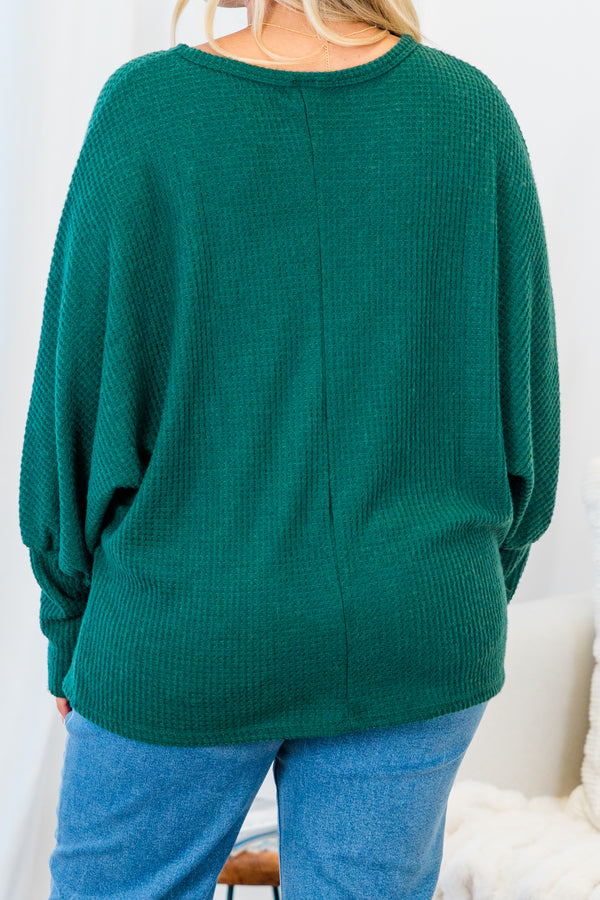 Chic Soul plus size clothing, long-sleeve green waffle-knit sweater with mock-neckline and balloon sleeves and tight wristline 