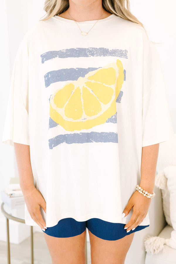 Chic Soul plus size clothing, ivory oversized boyfriend tee with lemon graphic