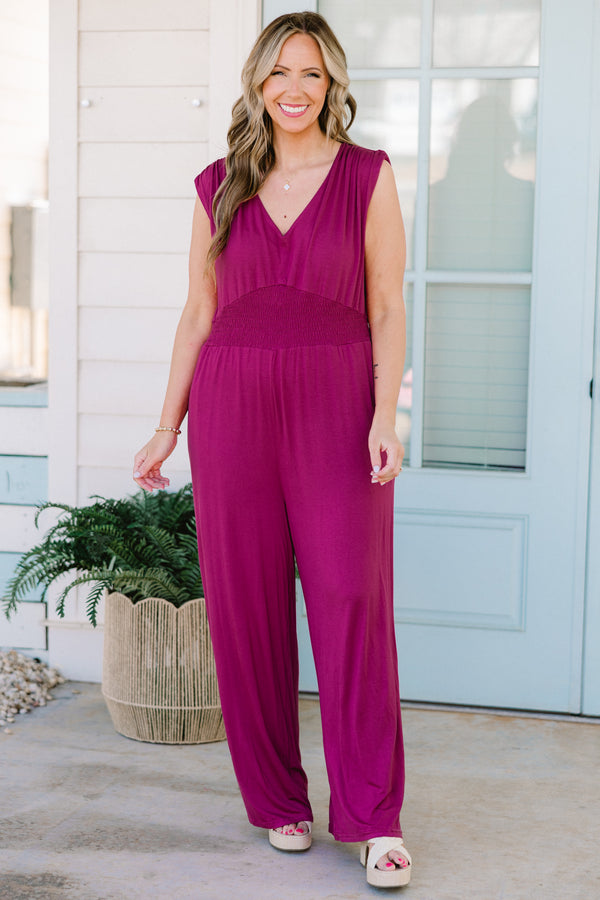 Chic Soul plus size clothing, purple cap sleeve jumpsuit with stretchy waistband