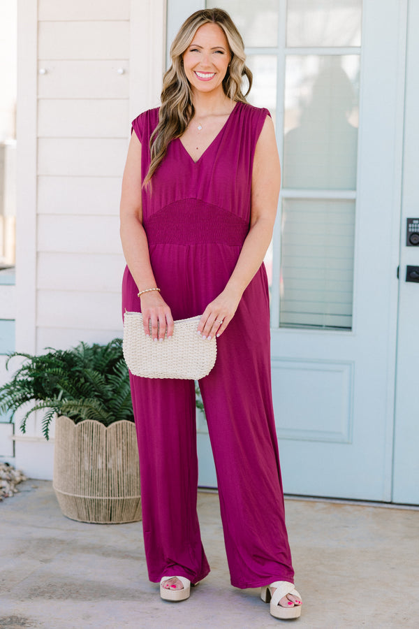 Chic Soul plus size clothing, purple cap sleeve jumpsuit with stretchy waistband