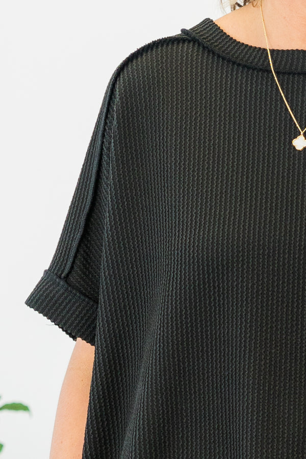 Chic Soul plus size clothing, black short sleeve ribbed knit top with cuff sleeves with round neckline 