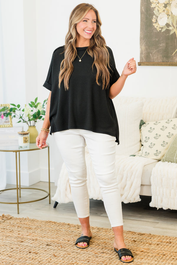 Chic Soul plus size clothing, black short sleeve ribbed knit top with cuff sleeves with round neckline 