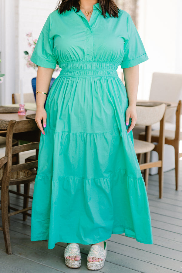 Chic Soul plus size clothing, short-sleeve soft jade green collared button-up maxi dress with ruffled detailing and a smocked waistline 