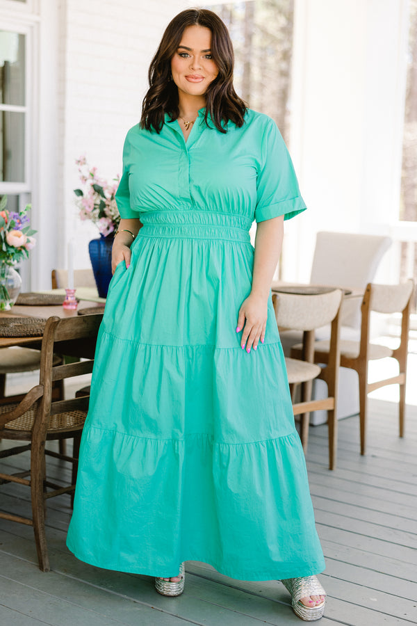 Chic Soul plus size clothing, short-sleeve soft jade green collared button-up maxi dress with ruffled detailing and a smocked waistline 