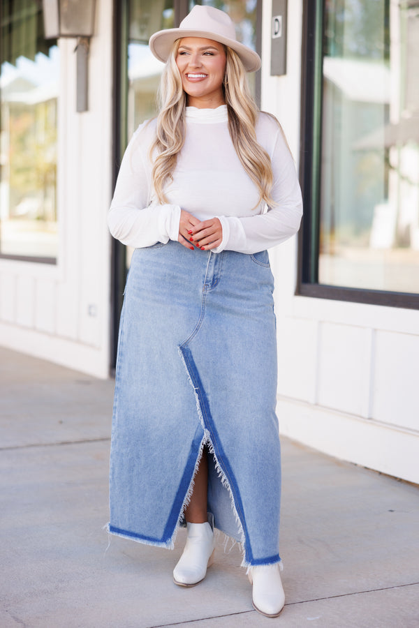 Chic Soul plus size clothing, light wash denim skirt midi length with slit that starts at the knee multi colored denims
