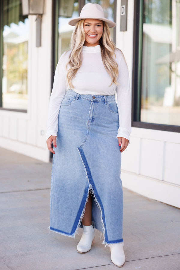 Chic Soul plus size clothing, light wash denim skirt midi length with slit that starts at the knee multi colored denims