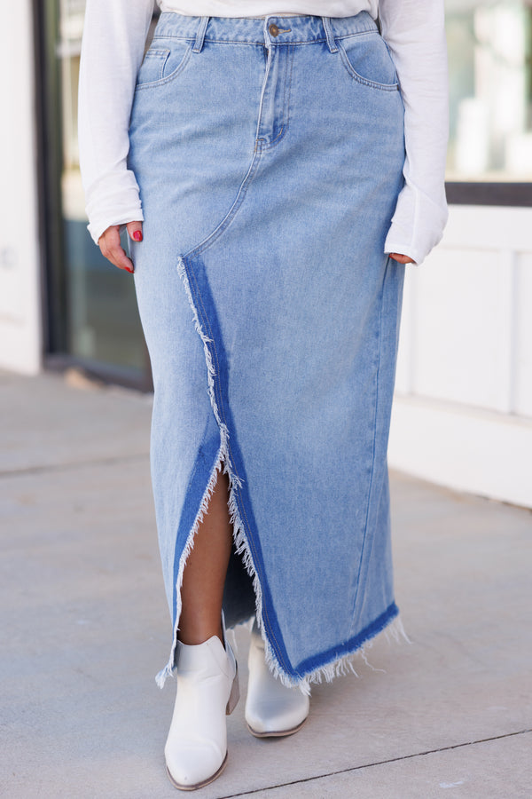 Chic Soul plus size clothing, light wash denim skirt midi length with slit that starts at the knee multi colored denims