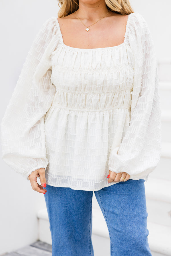 Chic Soul plus size clothing, long sleeve ivory babydoll top with square neckline and elastic balloon sleeves