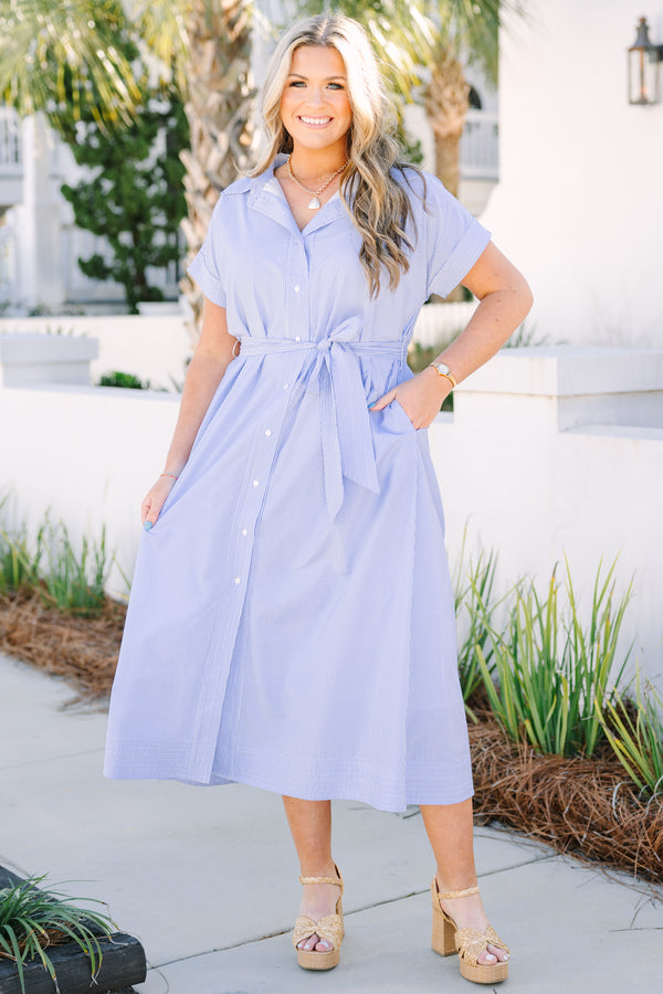 Chic Soul plus size clothing, blue and white striped short sleeve button up collar dress with tie belt at the waist 