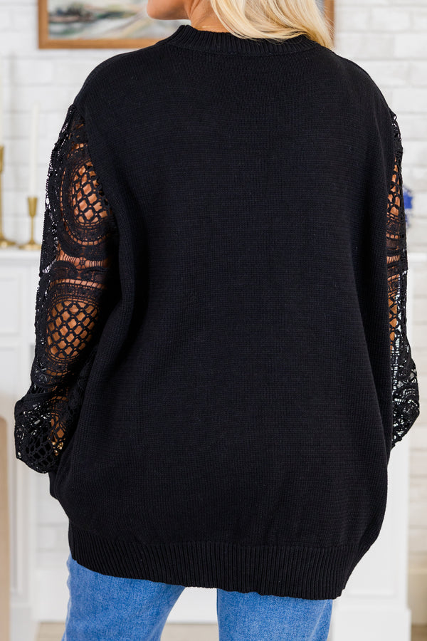 Chic Soul plus size clothing, black long sleeve sweater top with eyelet floral sleeves with ribbed knit cuff sleeves with round neckline