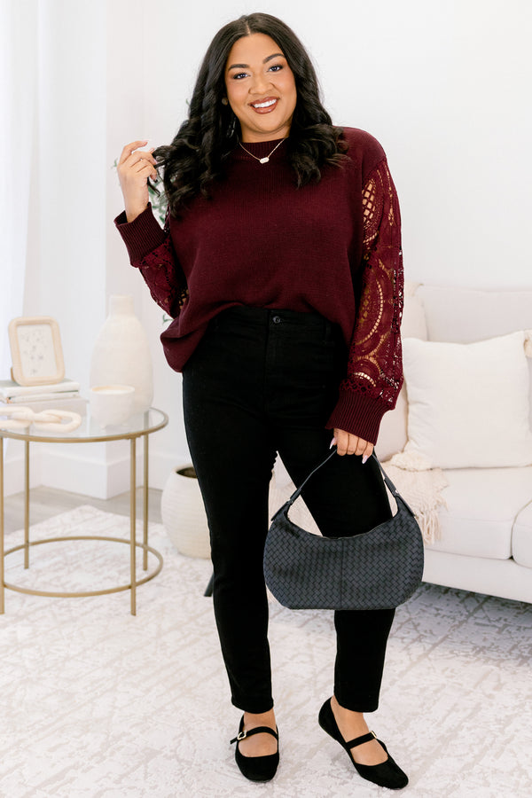 Chic Soul plus size clothing, burgundy red long sleeve sweater with eyelet pattern along the sleeves