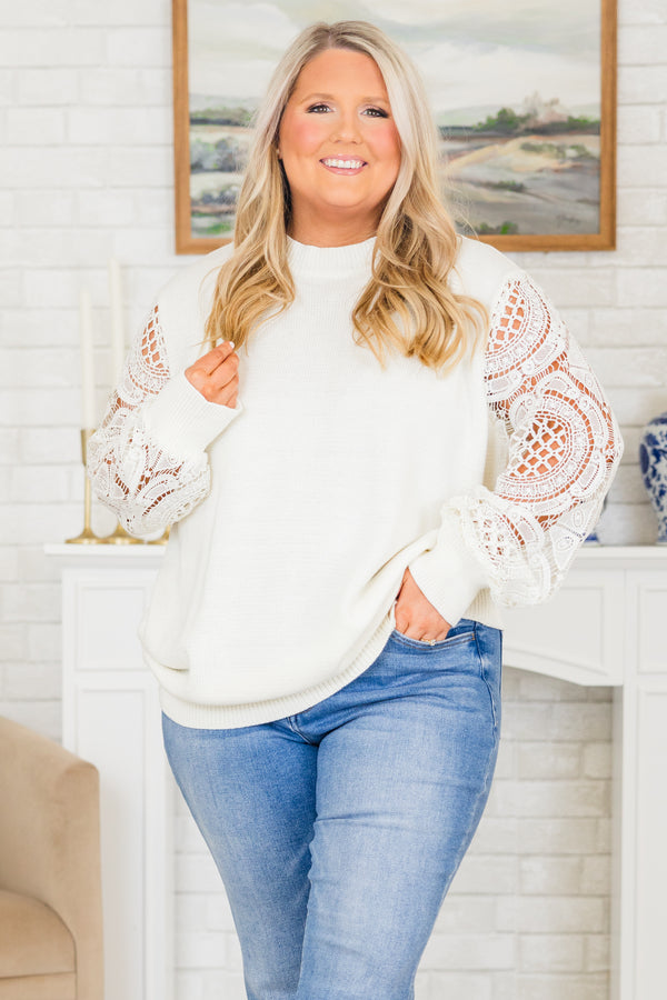 Chic Soul plus size clothing, long-sleeve white crewneck knit sweater with crochet sleeve detailing