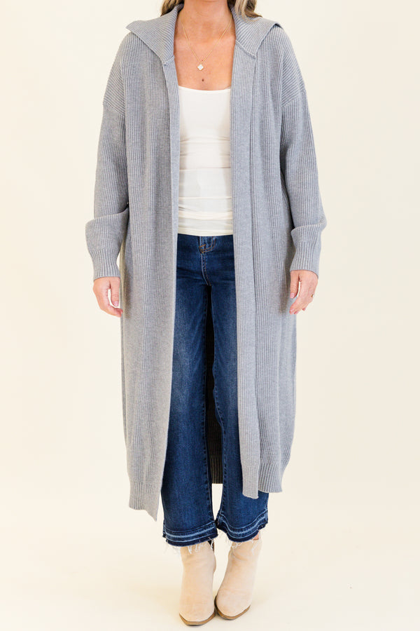 Chic Soul plus size clothing, gray long sleeve knit cardigan calf length with collar detail 