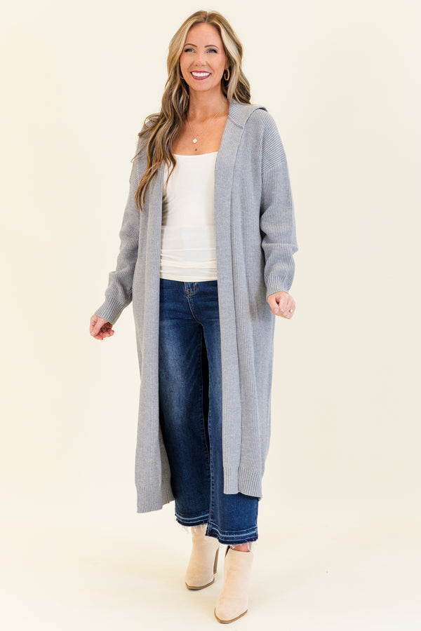 Chic Soul plus size clothing, gray long sleeve knit cardigan calf length with collar detail 