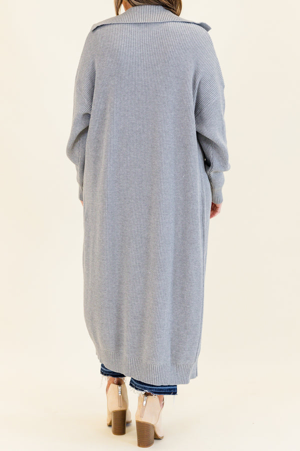 Chic Soul plus size clothing, gray long sleeve knit cardigan calf length with collar detail 
