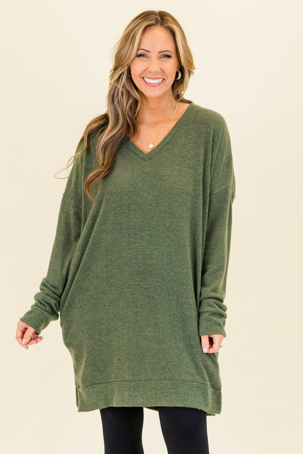 Chic Soul plus size clothing, olive colored slight v neck top longer length