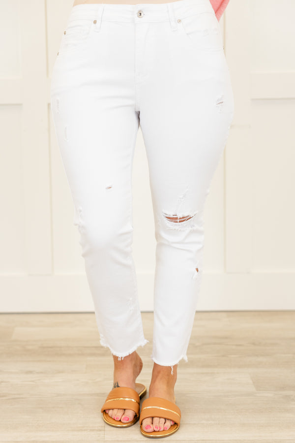 Chic Soul plus size clothing, mid-waisted white cropped skinny jeans with distressed detailing on the ankles and the knees